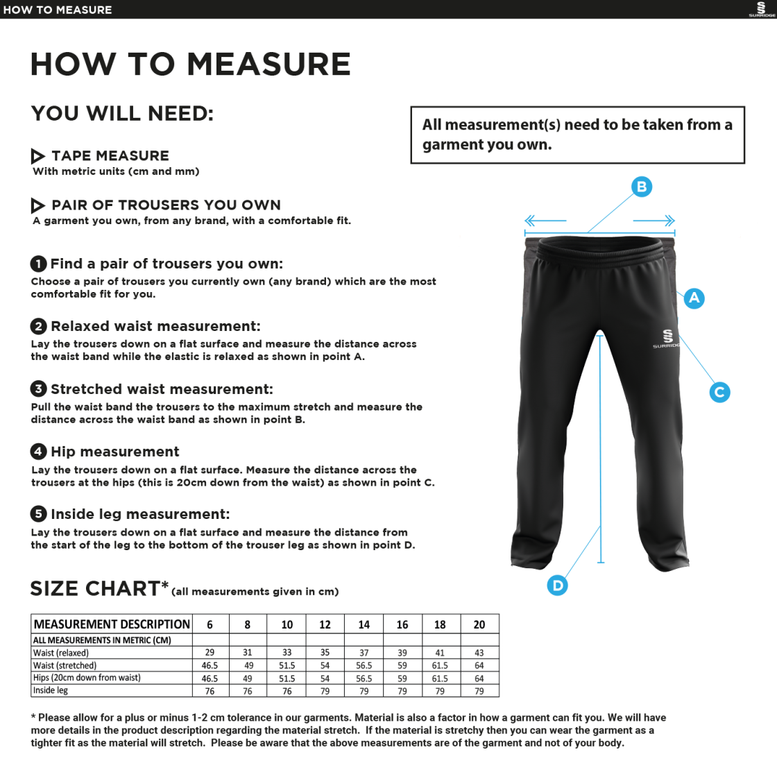Old Vicarage Staff Poplin Track Pant - Size Guide
